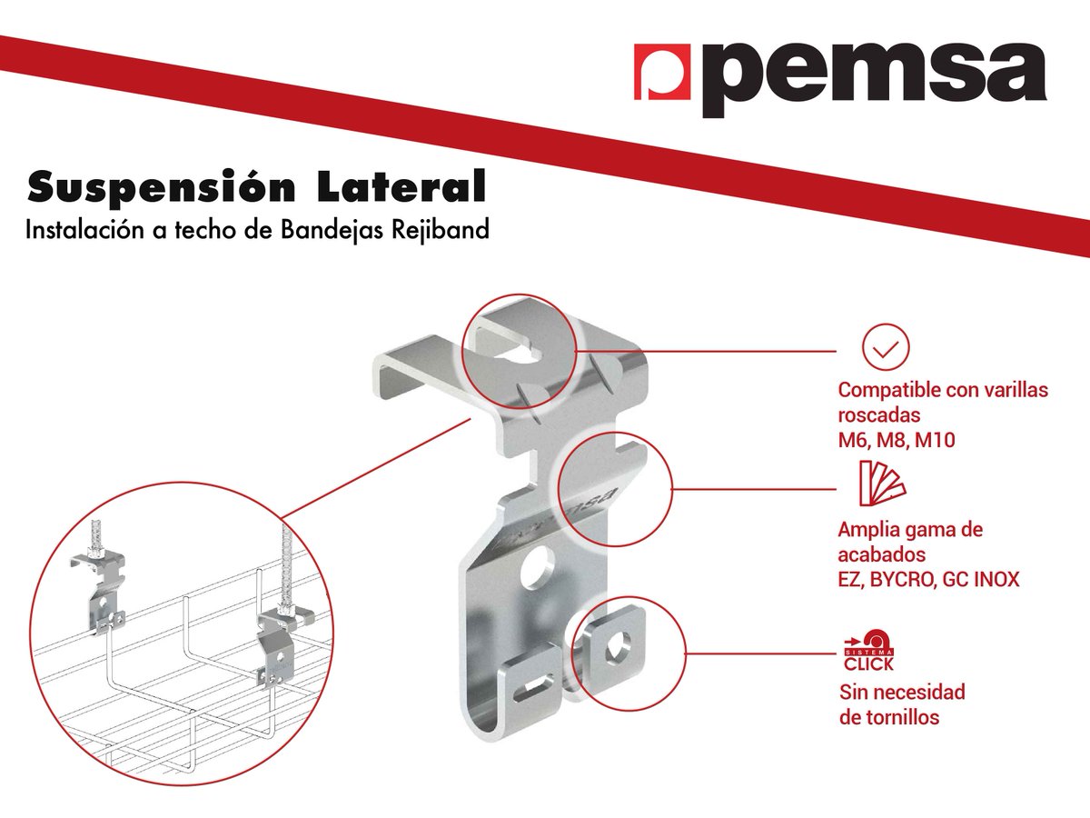 PemsaRejiband's tweet photo. La suspensión lateral de Pemsa para instalaciones a techo de bandejas #rejiband se pueden instalar sin necesidad de tornillos gracias al sistema click. Además, son compatibles con varillas roscadas M6, M8, y M10. Encuentra más información en este link: https://t.co/uzYchGaq7O https://t.co/F9aK0fD0Ua
