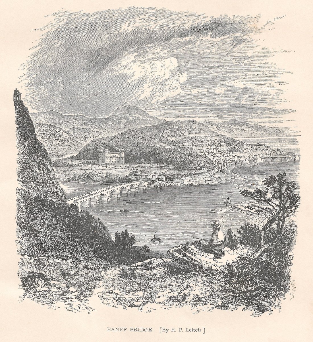 What a gorgeous print of a sketch made in 1862 of John Smeaton's bridge, Duff House and the entrance gates, and the Royal Burgh of Banff. #Banffshire #JohnSmeaton #DuffHouse #BanffScotland