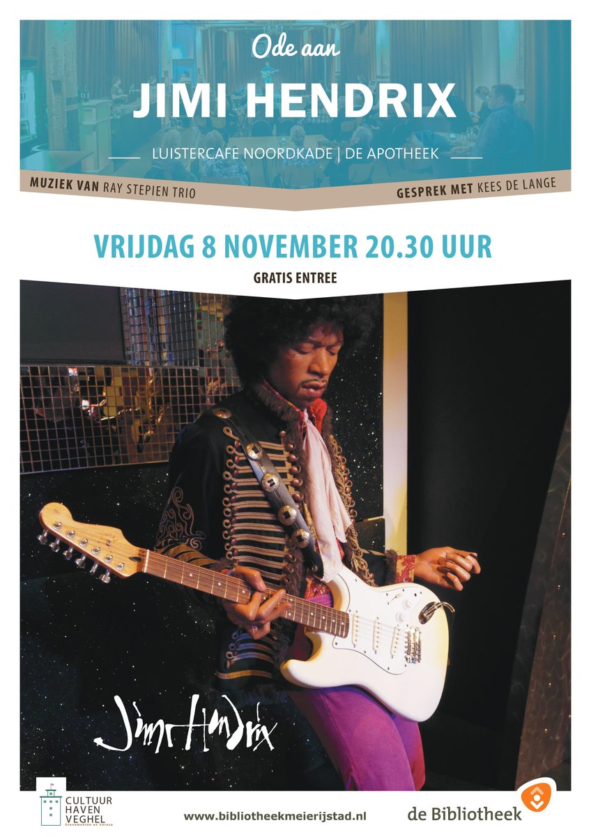 Let op!
Op de 1e vrijdag van de maand wordt traditioneel Luistercafé @CHVNoordkade gehouden. Dit keer op de 2e, dus 8-11. Editie #29 Jimi Hendrix met het Ray Stepien Trio uit Eindhoven bit.ly/34e4x7B @BiebVeghel @BibliotheekOss <a href="/biebuden/">Bibliotheek Uden</a>