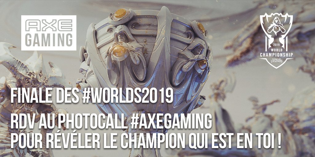 On a adoré vous offrir plein de cadeaux pendant les #Worlds2019 et vous rencontrer toute la semaine au Village Paris+Esports ! Place maintenant à la finale : notre photocall #AXEGaming à l'AccorHotels Arena vous permettra de révéler le Champion qui est en vous… 💪 https://t.co/8rQl2R8QvF
