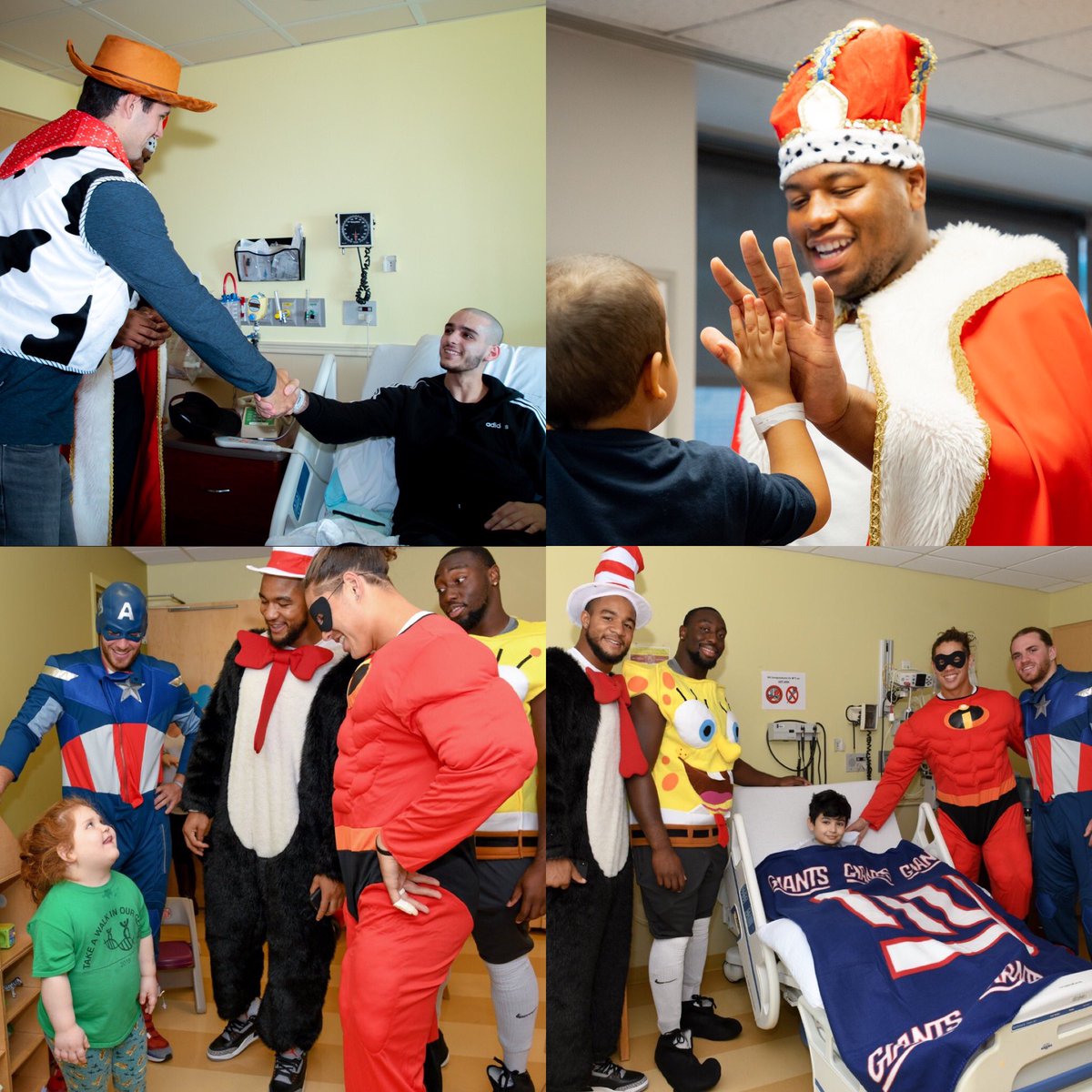 TackleKidsCancr's tweet photo. #TrickorTreat! The patients at the Joseph M. Sanzari Children’s Hospital were visited by a fun bunch of trick or treaters this week -- the @Giants Rookies! Thank you for bringing smiles to our patients faces! #GiantsHuddlefor100 #HappyHalloween @HMHNewJersey @HackensackUMC https://t.co/rIAyQLtAOQ