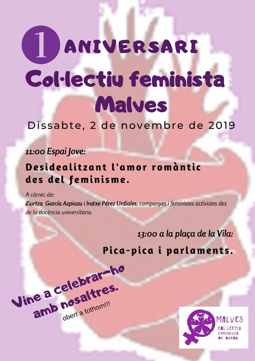 MalvesBreda's tweet photo. Celebrem el nostre primer aniversari! !! Ens agradaria compartir-ho amb vosaltres! Per això el dissabte dia 2, els que no heu marxat de pont, us esperem a l'espai jove!! #primeraniversari #malves #feminisme #amorromantic https://t.co/XD1MOQyWuZ
