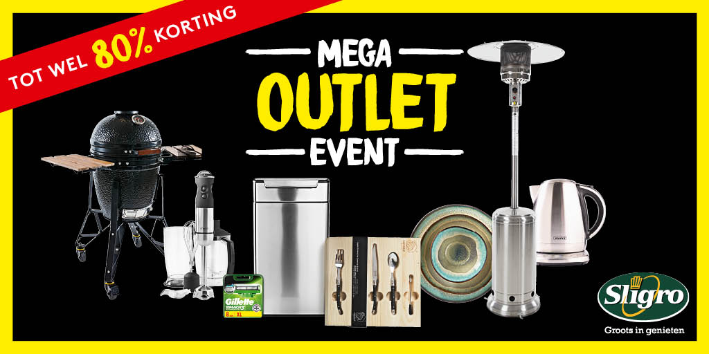 BBQ’s, keukenapparatuur, bestek, servies, cosmetica en nog veel meer! Kom naar het Sligro Mega Outlet Event in Brabanthallen Den Bosch van 1 t/m 3 november en profiteer van kortingen tot wel 80% op de reguliere verkoopprijs. Meer weten? Ga naar de website: bit.ly/2qX8VcO