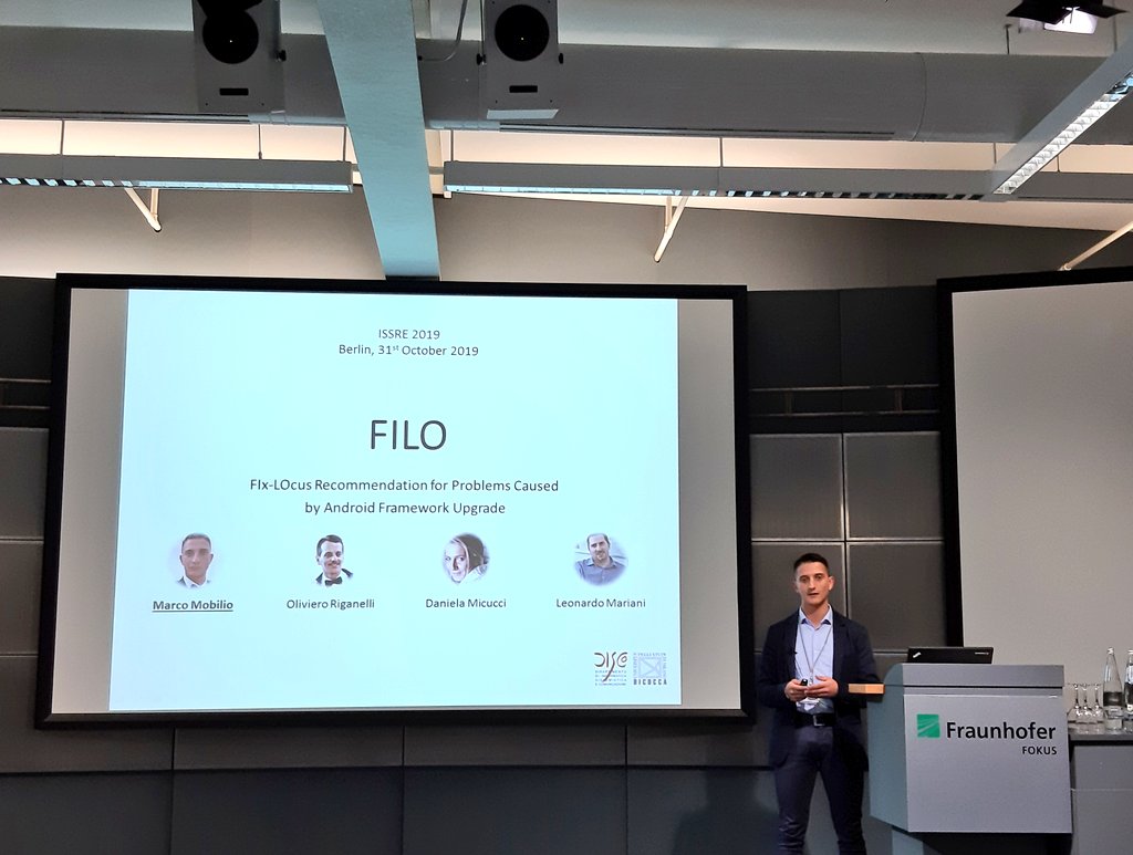 Marco Mobilio (<a href="/MarcoMoby/">Marco mobilio</a>) from <a href="/iBicocca/">iBicocca</a> is presenting at #ISSRE2019 Main Track his paper "FILO: FIx-LOcus Recommendation for Problems Caused by Android Framework Upgrade"