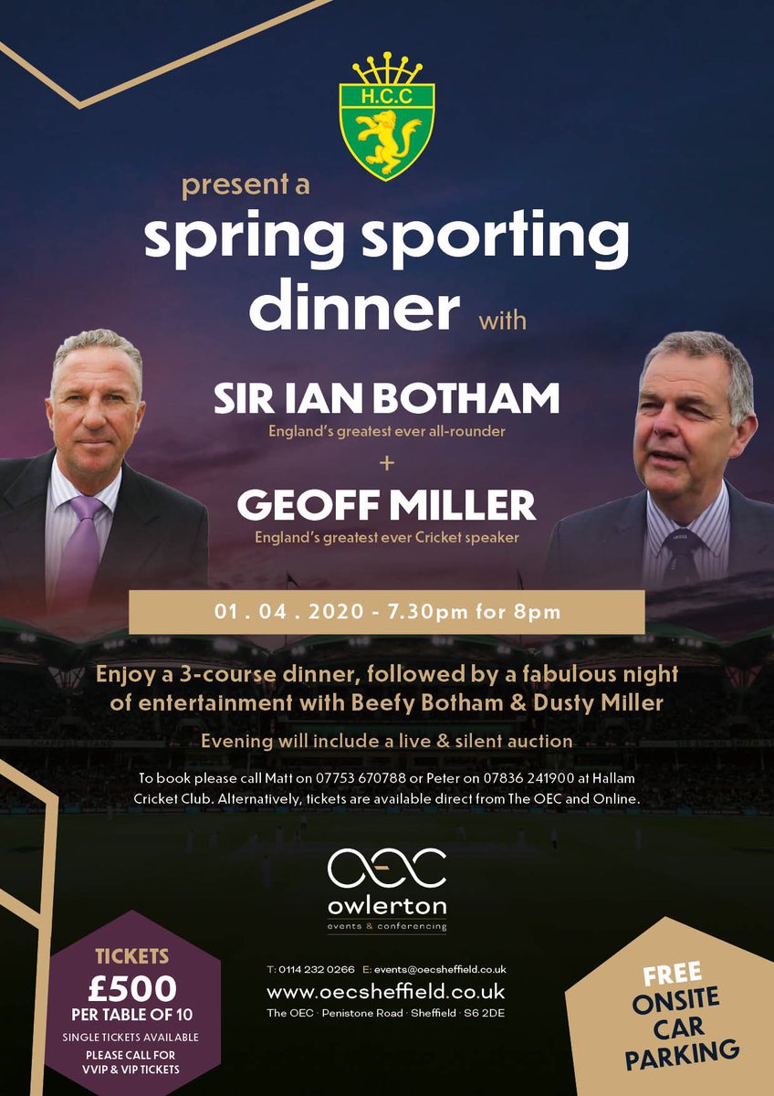 Hallam CC (@hallamcc) on Twitter photo Our first annual sporting dinner takes place in April with <a href="/BeefyBotham/">BeefyBotham</a> and Geoff Miller. It promises to be a great night and tickets are selling fast. Get in touch if you’d like to come! <a href="/OecSheffield/">OECSheffield</a> <a href="/SheffieldStar/">The Star, Sheffield</a> #Sheffieldissuper #Sheffield #southyorksbiz #cricketnews Our first annual sporting dinner takes place in April with <a href="/BeefyBotham/">BeefyBotham</a> and Geoff Miller. It promises to be a great night and tickets are selling fast. Get in touch if you’d like to come! <a href="/OecSheffield/">OECSheffield</a> <a href="/SheffieldStar/">The Star, Sheffield</a> #Sheffieldissuper #Sheffield #southyorksbiz #cricketnews