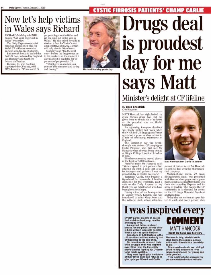 CFno1LeftBehind's tweet photo. -@MattHancock in today’s @Daily_Express you revel in joy with #CysticFibrosis community

I’m concerned at your words re #TrikaftaNext This game changer @VertexPharma drug needs an immediate @NHSEngland deal when EMA licenced 
NOT “should” be “earlier” Pls?
https://t.co/mR8KqJWvzm https://t.co/crIVaad6MK