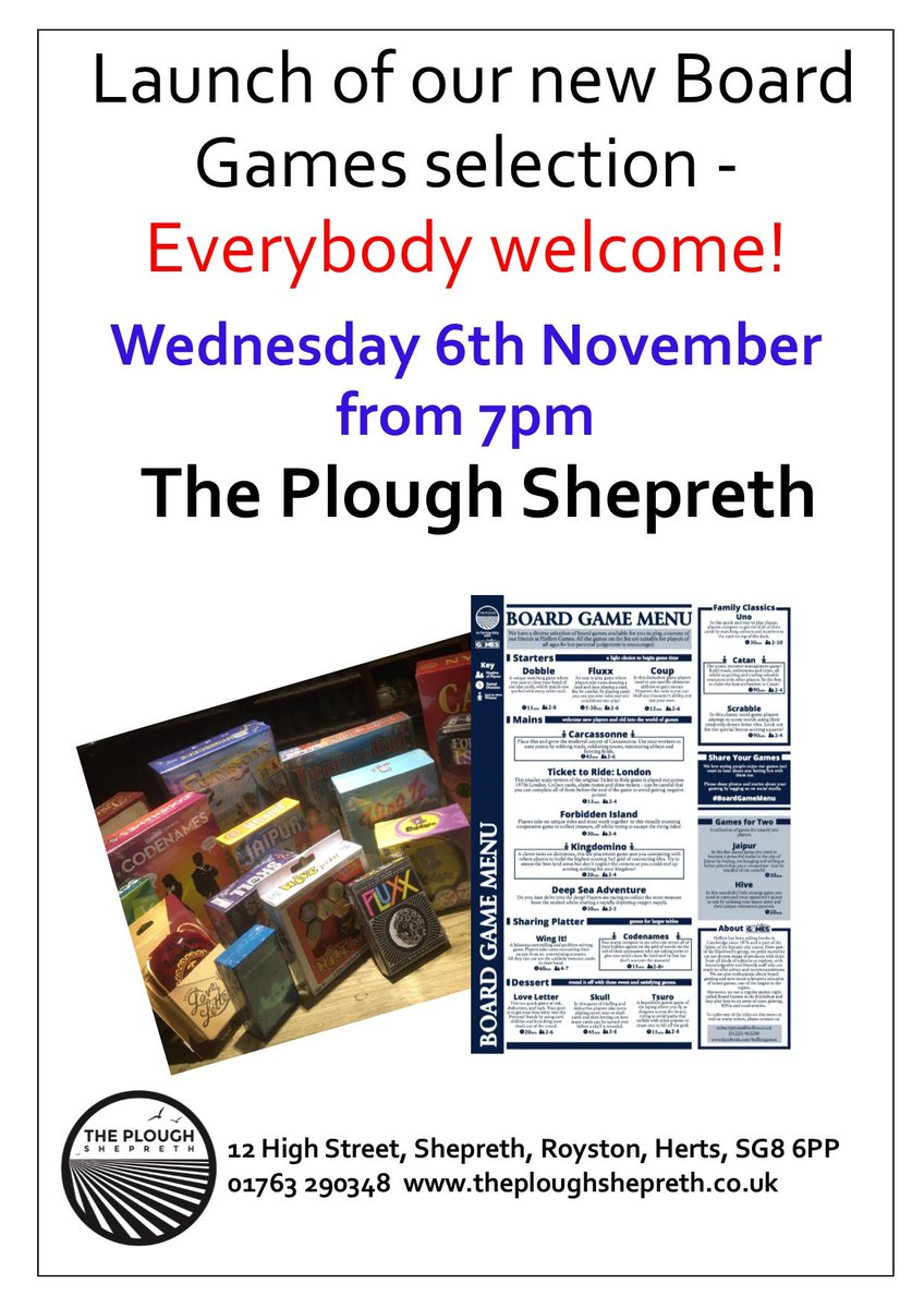 Heffers_Games's tweet photo. We have worked with @ploughshepreth to bring about a new board games menu for you to try! Come along to their launch night on the 6th November, grab a pint, and play some games!
#gamesnight #pubgames #michelinmenu #donteatthemeeples #notsuitableforvegetarians https://t.co/cycX5Toe83