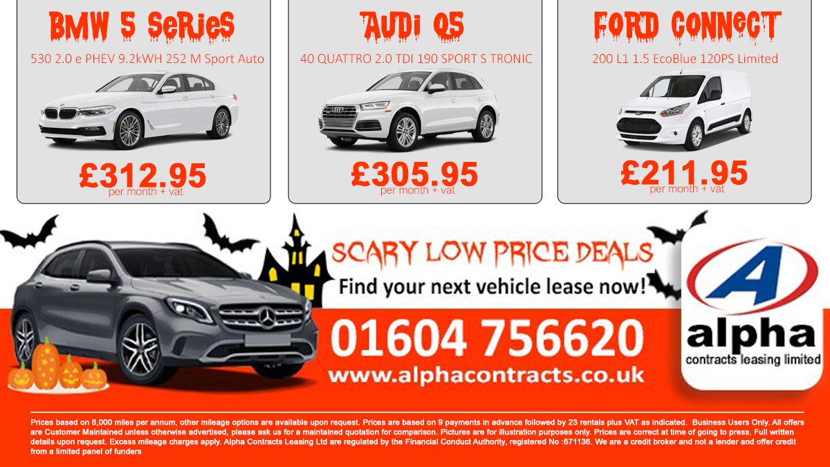 AlphaContracts's tweet image. SCARY LOW PRICE DEALS 🎃

Treat yourself with a bargain this Halloween! 👻

Check out some of our 2 year lease deals below or view all of our special offers on the link! 

alphacontracts.co.uk/business

We can help with any car or van lease - 01604 756620