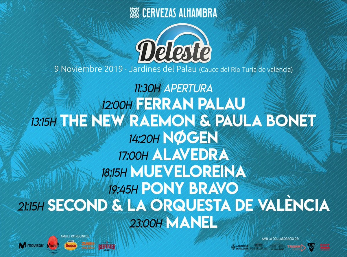 Ya están aquí los horarios del Deleste Festival 2019, con Manel, el histórico concierto de Second con la orquesta de València, Pony Bravo, Ferran Palau...
mainstage.es/horarios-del-d…