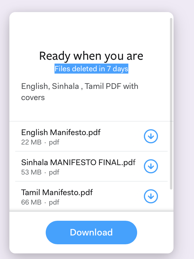 tharindufit's tweet photo. @sajithpremadasa Why does Sajith's manifesto expire in 7 days? Files are deleted in 7 days! We have 16 days for election! https://t.co/737HKTxO6E