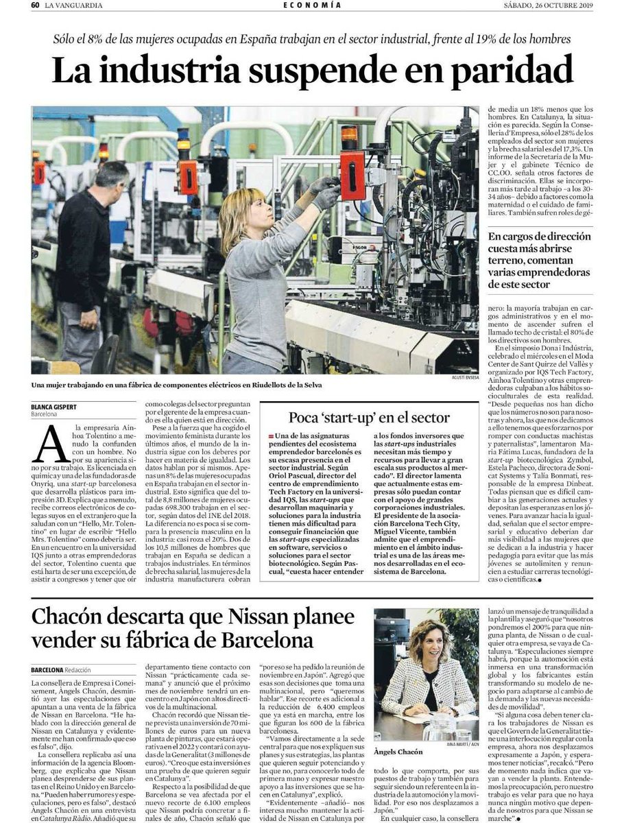 La semana pasada <a href="/LaVanguardia/">La Vanguardia</a> se hizo eco de la (complicada) situación de la mujer en la industria. Para ello, contó con la opinión de varias mujeres emprendedoras en el sector industrial, entre ellas nuestra CEO en <a href="/onyriq/">ONYRIQ</a>  <a href="/AinhoaTolentino/">Ainhoa Tolentino</a>. ¡Merece la pena echarle un ojo! 📝🧐