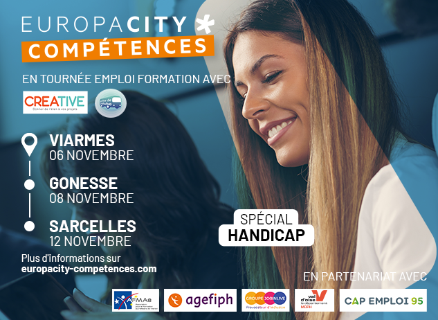[#Emploi] Tournée du Bus de l'Initiative-#EuropaCityCompétences spécial #handicap :
🚐 6 novembre à #Viarmes 
🚐 8 nov. <a href="/VilleDeGonesse/">Ville de Gonesse</a>  
🚐 12 nov. <a href="/VilleSarcelles/">Ville de Sarcelles</a> 
En partenariat avec <a href="/Agefiph_/">Agefiph</a> , <a href="/jobinlive/">JobinLive Recruteur</a>, Cap Emploi, MDPH #ValdOise, <a href="/AFMAeCFAaerien/">AFMAÉ - CFA des métiers de l’aérien</a>
👉 europacity-competences.com/agenda/