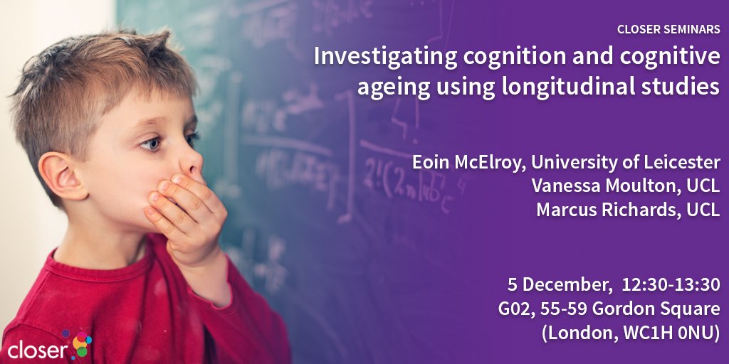 CLOSER_UK's tweet image. Our next #CLOSERSeminars session will focus on #cognition. Vanessa Moulton &amp;amp; @EMcElroy_90 will discuss CLOSER work assessing &amp;amp; harmonising cognitive measures from 5 cohort studies. Marcus Richards will also share research on cognitive ageing in NSHD ow.ly/m9W350wY6Qq