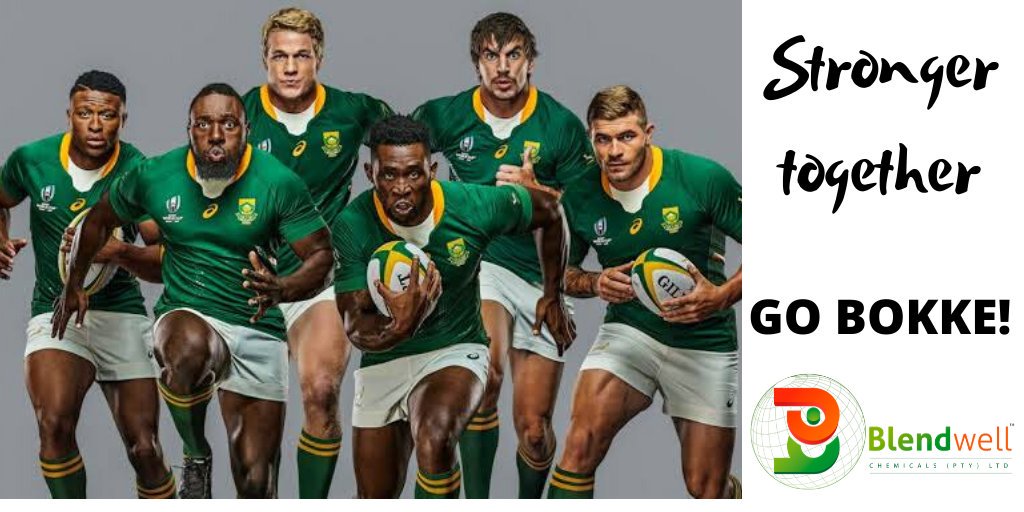 BlendwellChem's tweet photo. Supporting our awesome rugby team who is playing on Saturday in the final. Bring home the cup boys! Our BOKS are such a great example of what teamwork can do. At Blendwell, we are also Stronger Together! #Bokke https://t.co/RX9p8KguqR