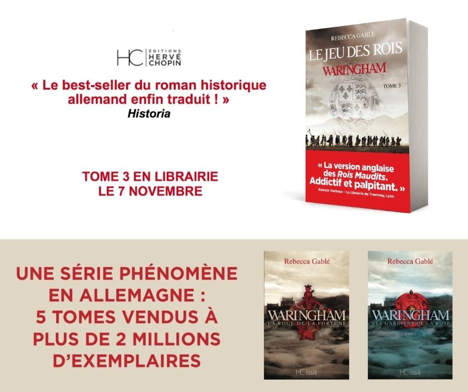 ⚡️ #Bientôt I #Librairie ⚡️

📅 J-7 en librairie

💬 Le tome 3 de la série phénomène en Allemagne : 5 tomes vendus à plus de 2 millions d'exemplaires.

📕 LE JEU DES ROIS I WARINGHAM I TOME 3 I Rebecca Gablé I Éditions Hervé Chopin