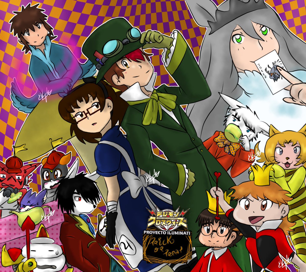 HappyHalloween I share my contribution for this year 🎃🎃🎃🎃🎃 #digimon  #oc #tagiru #taiki #yuu #shoutmon #gumdramon #damemon #flawizardmon  #alicewonderland #halloween2019, image size:1200x1067
