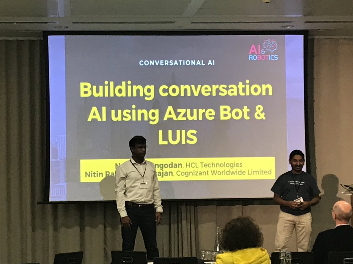CXtechEvent's tweet image. Building conversation AI using azure Bot and LUIS – getting our machine learn on with Nitin Raj Soundararajan, Senior Consultant at Cognizant Worldwide Limited &amp;amp; Nagaraj Sengodan, Senior Manager at HCL Technologies #AI #ML #ArtificialIntelligence #intoAI #Machinelearning
