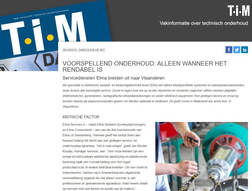 ELMAbv's tweet photo. T.I.M. publiceert vandaag artikel over #ElmaServices: "Voorspellend onderhoud: alleen wanneer het rendabel is". Ontdek o.a. hoe en welke keuze Elma maakt bij voorspellend en preventief onderhoud. lees meer: https://t.co/wXmlPwTRaU https://t.co/2DcShkgyhS