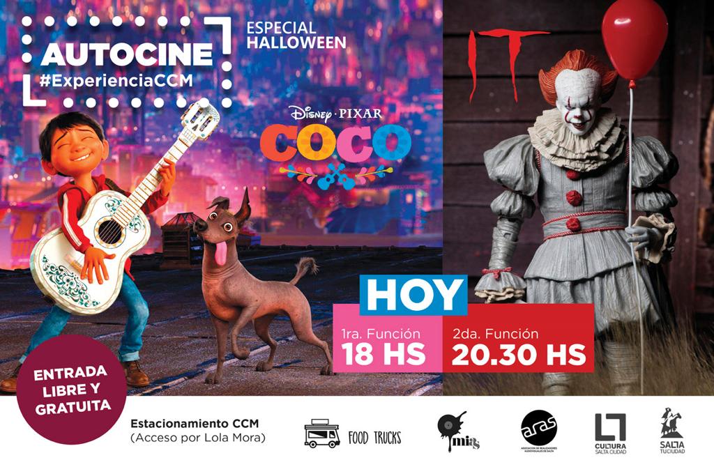 MuniSaltaRRHH's tweet photo. #AUTOCINE GRATIS #HOY
Disfruta de dos funciones en el estacionamiento del #CCM. Se proyectarán COCO a las 18 hs (ATP) e IT (para mayores de 16) a las 20:30 hs 
RECORDÁ 👉 que podés venir en auto 🚘 camioneta 🚙 moto 🛵 bici 🚲 o a pie 🚶‍
#EspecialHalloween 🎃  #ExperienciaCCM https://t.co/w8oYeiGNsq