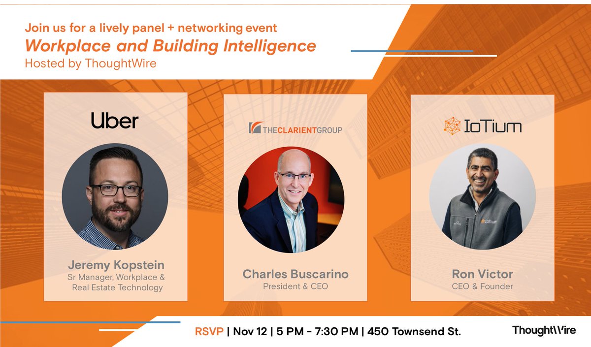 Do you want to learn more about #WorkplaceExperience and #BuildingIntelligence from industry experts?  Join TCG President Charlie Buscarino and a distinguished panel on November 12 in San Francisco.  For more information and to register, go to  info.thoughtwire.com/workplace-and-…