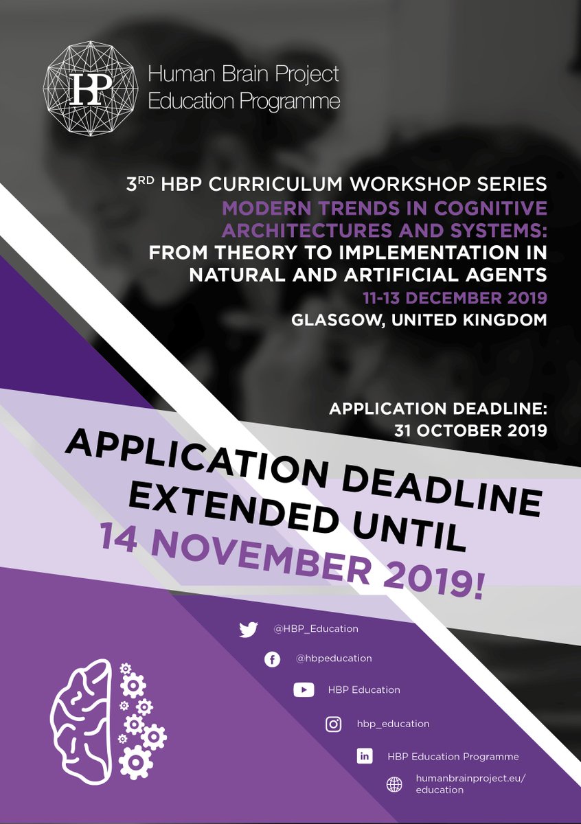 HBP_Education's tweet image. 🥳Good news: The application for our #HBPCurriculum Workshop on modern trends in #cognitivearchitectures and systems will stay open until 14 November!
Apply now: bit.ly/HBPCogSys19