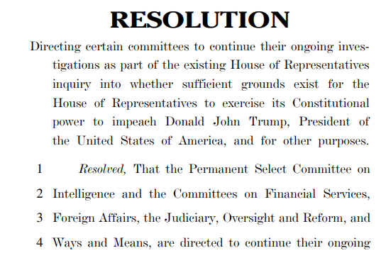 Impeachment #4October 31, 2019231 Dems and Justin Amash voted to authorize the existing impeachment investigations. All Rs and two Dems voted no. No charge specified.