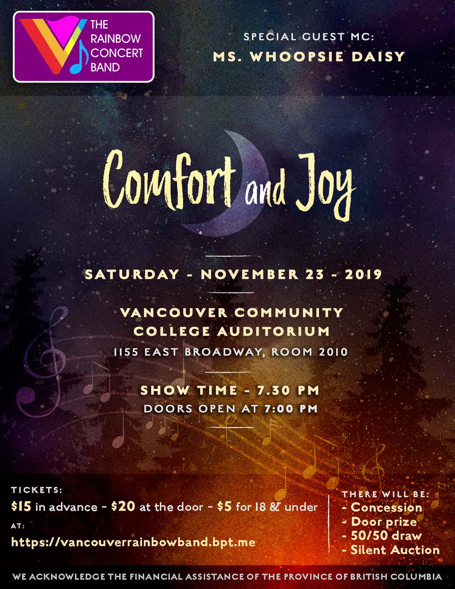 VanRainbowBand's tweet photo. The Rainbow Band presents: Comfort and Joy
With special guest emcee Ms. Whoopsie Daisy!
Date: Saturday, November 23, 2019 
Time: 7:30pm, doors open 7:00pm. 
https://t.co/8XWdBDng7I https://t.co/Au42dvGXSH