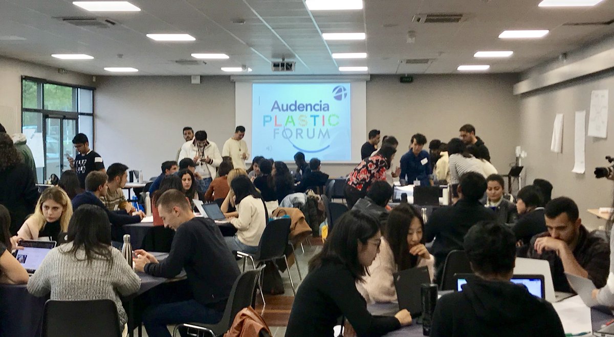 JenCGoodman's tweet photo. A fantastic final day at the @Audencia #PlasticForum Crowdfunding poster pitches, final presentations and ending in style with the media team’s film and reflection on our learnings from the past two days. Well done!! @audenciamasters #PlasticPollution #innovation #CSR #susty https://t.co/dGbfWpzzAo