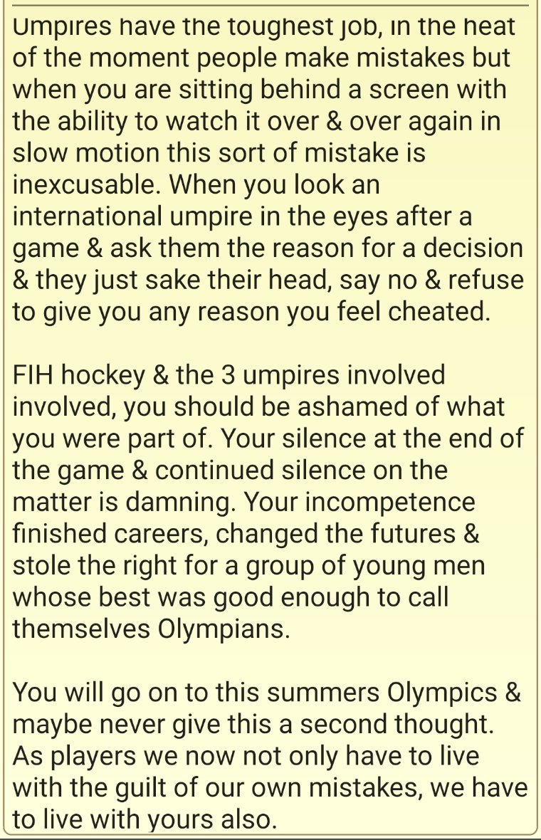 With time to reflect devastating knowing our Olympic dream is over &amp; was taken from us when we'd done enough. <a href="/FIH_Hockey/">International Hockey Federation</a> your incompetence changed the futures for a group of young men who gave everything to the sport. Sad day for the integrity and reputation of our sport