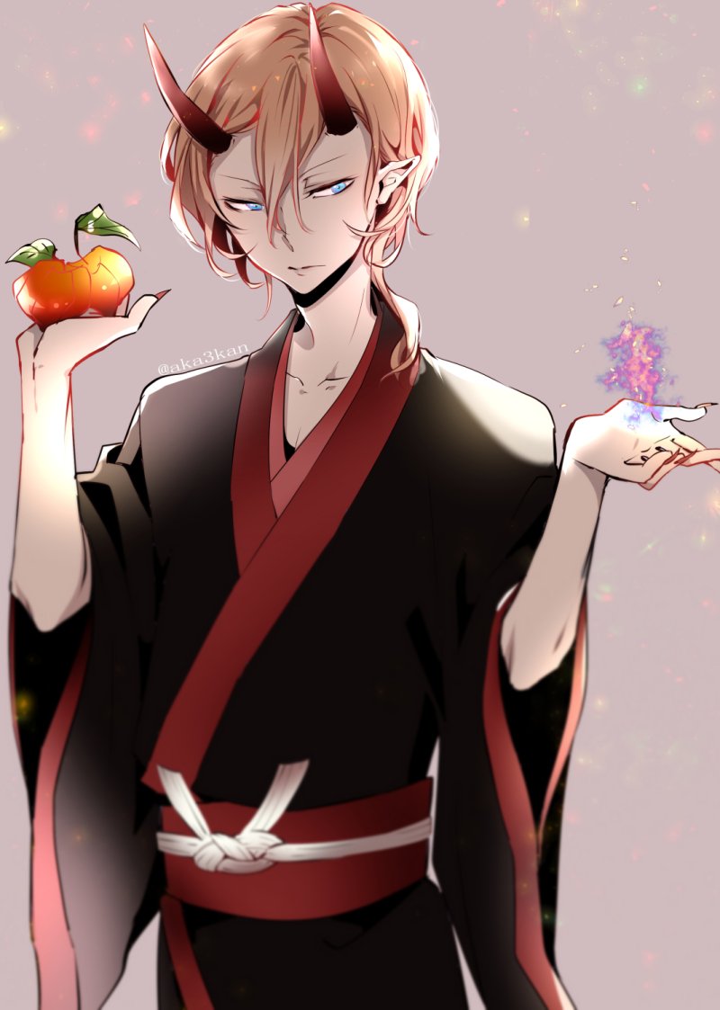 1boy male focus horns japanese clothes food blue eyes pointy ears  illustration images