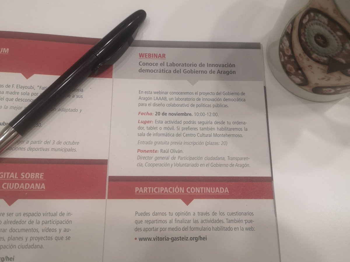 ¡Es emocionante descubrir instituciones y cargos públicos que se toman en serio la innovación democrática 👫🏦!

El 20 de noviembre, tod@s conectad@os 🖥️ gracias a #HEI, Escuela Abierta de la Ciudadanía de Vitoria-Gasteiz, para saber un poco más sobre <a href="/laaab_es/">Laboratorio de Aragón [Gobierno] Abierto ▪︎ LAAAB</a> de <a href="/AragonAbierto/">Aragón Gobierno Abierto</a>.