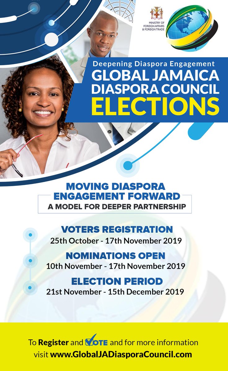 Jamaicans in the US, Canada and the UK can now register to vote and select their members of the new #GJDC! Visit Globaljadiasporacouncil.com to register and for more details including the names of the committee members managing your election processes - all from your communities!