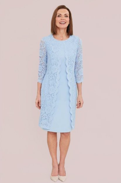 An elegant dress'n'coat from #GinaBaccon with lace detail and 3/4 sleeves. Pair with our pearl necklace set to add a little sparkle! #MotherOfTheBride #MotherOfTheGroom #GoodbuyJourdan