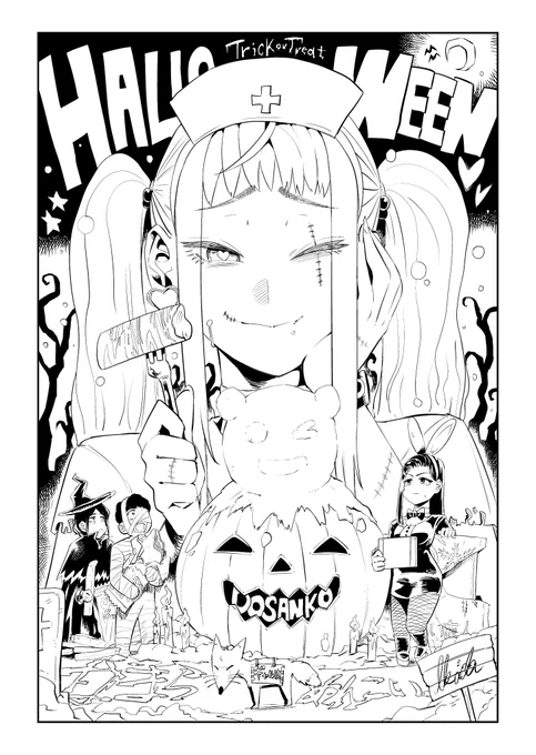こちらハロウィンイラストのカラー塗る前のやーつになります? 
