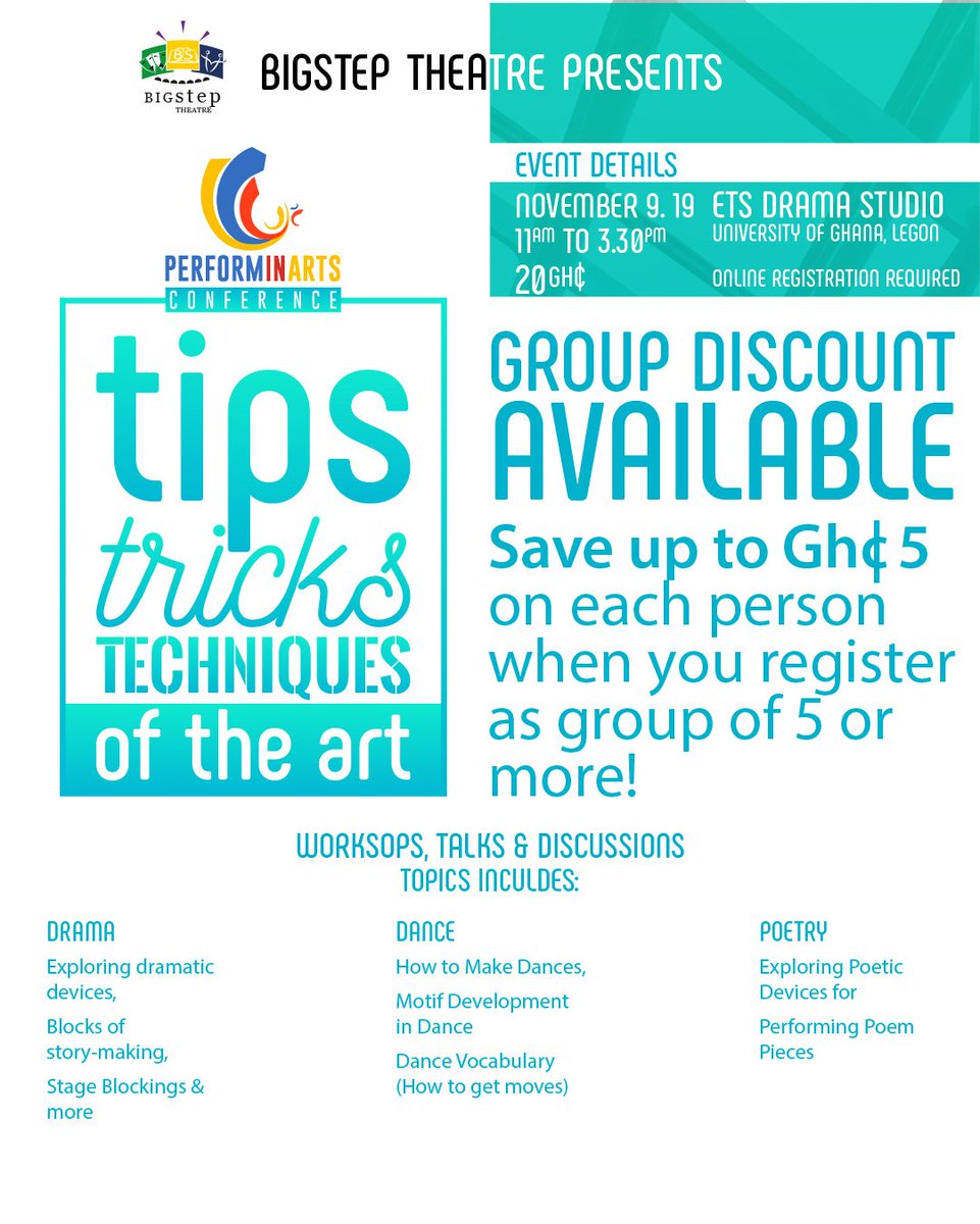 bigsteptheatre's tweet photo. Discount Alert!!!
This is how to get a discount on our upcoming training! Don't miss out!
Register here: https://t.co/iIHwJ9TtRu

#performingarts #PerformInArts2019 
#bigsteptheatre #theoartically #BIGstep #poetry #poems #spokenword #dance #drama #stageplays #ghana https://t.co/R8ZTg4jAZo