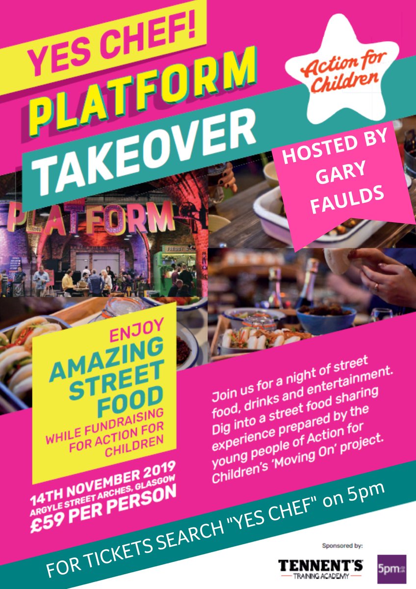 JVLES (@mrsjulielunt) on Twitter photo If you’re heading to <a href="/PLATFORMgla/">Platform</a> this weekend you’re in for a treat. Young people supported by <a href="/Actn4ChildrScot/">Action for Children Scotland</a> will be cooking up a storm ahead of Yes Chef on 14 Nov! Get tickets for a night of street food and entertainment from <a href="/GaryFaulds1/">Gary Faulds</a> on 5pm.co.uk! If you’re heading to <a href="/PLATFORMgla/">Platform</a> this weekend you’re in for a treat. Young people supported by <a href="/Actn4ChildrScot/">Action for Children Scotland</a> will be cooking up a storm ahead of Yes Chef on 14 Nov! Get tickets for a night of street food and entertainment from <a href="/GaryFaulds1/">Gary Faulds</a> on 5pm.co.uk!