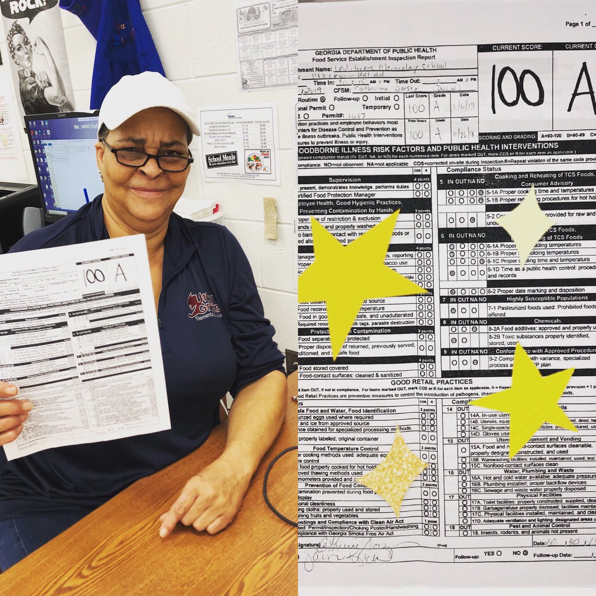 UGE_HCS's tweet photo. A-MAZING! Ms Cat and her team scored their FIFTH perfect score in a row!! 🌟 #rockstar @Nutrition_HCS @GaDOENutrition https://t.co/0tpakrOiGt