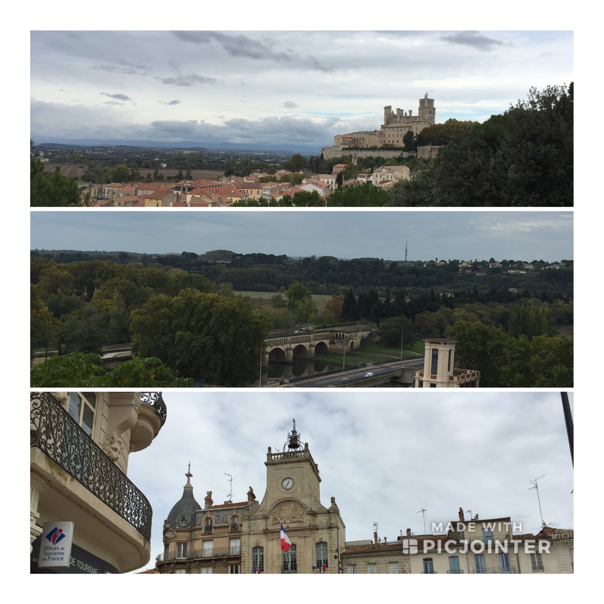 EdithKeene's tweet photo. Béziers is beautiful!  Rainy this morning but clearing now.  We’re eating lunch on the place de l’hotel de Villegas’s (bottom pic).  Top two pics are the view from the little place outside our apartment. https://t.co/GLzjzKQASc
