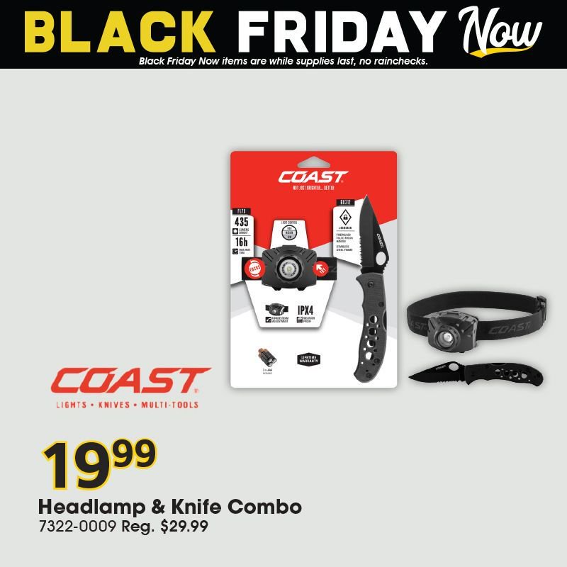 BLACK FRIDAY NOW!!! It's never too early to start your holiday shopping!! Pick up the Headlamp and Knife Combo from COAST for ONLY $19.99 for the outdoorsy person in your life!! Prices valid until 11/10!!!⠀
#AtwoodsRanchAndHome #CoastProducts #TrustedTough #Outdoorsy #Headlamp