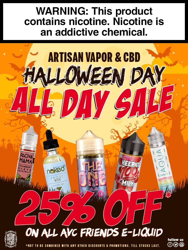 AMidcounty's tweet photo. Artisan Vapor &amp; CBD Midcounty Halloween Day sale! 401 S. Memorial Fwy. Ste. 371. #nederland #happyhalloween #sale https://t.co/MBDdWOJKSt