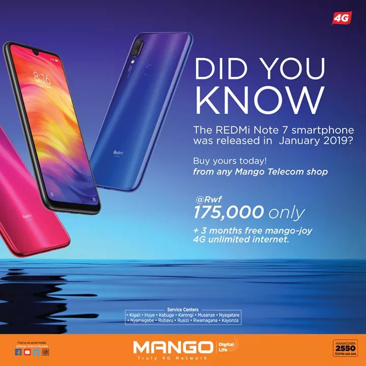 Mango4G's tweet photo. Did you know that the #REDMiNote7 smartphone was released in January 2019?
Buy yours today from any #MangoTelecom shop @ only Rwf 175,000 + 3 months of free #mangojoy 4G unlimited internet.
#IyatseNaMango #4GUnlimiteddata #LTEspeed #Smartphones #NoBunddles #MangoTelecom4G https://t.co/dYJHO74vzg