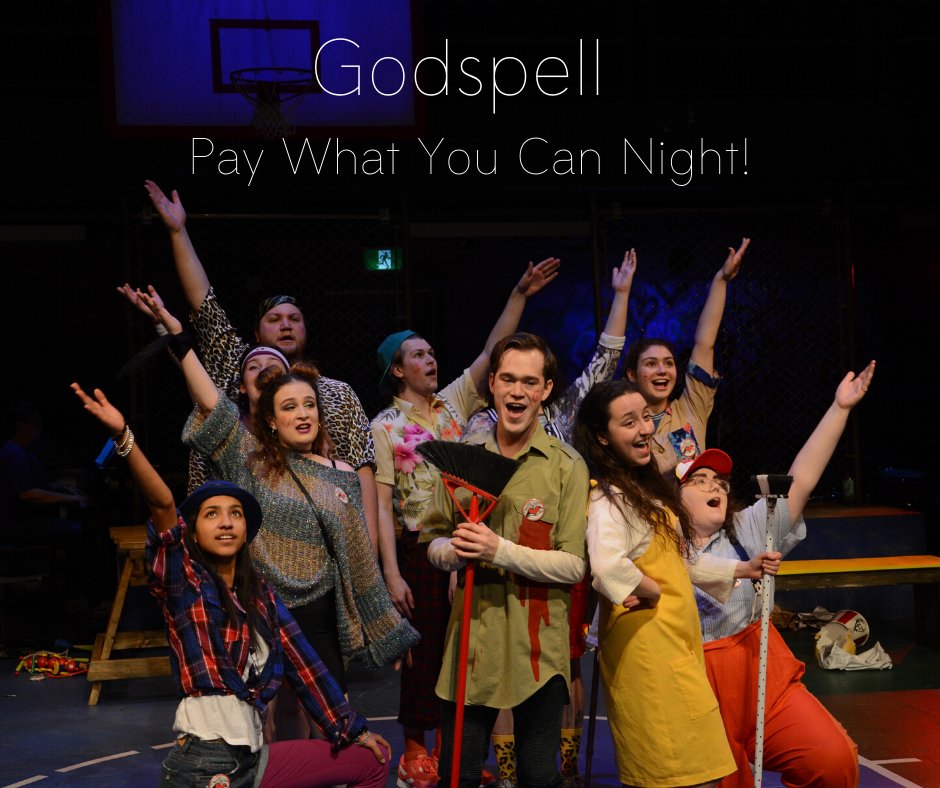 Want to enjoy an evening of fun and laughs out of the rain? Join us tonight for our Pay What You Can performance of Godspell! Doors open at 7:15pm, show starts at 7:30pm!