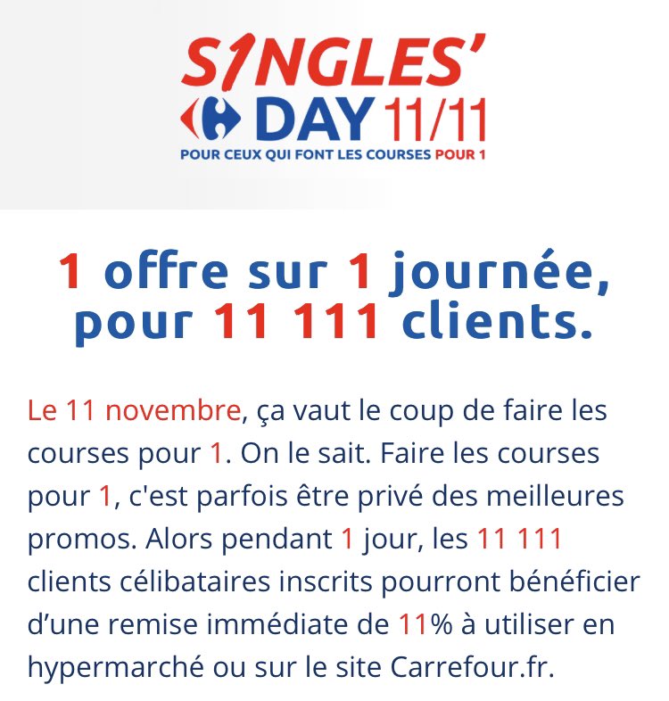 Pour tous ceux qui font les courses pour 1, <a href="/CarrefourFrance/">Carrefour</a> lance son #singlesday ! RDV sur Carrefour.fr/evenement pour profiter de cette offre inédite, l’occasion rêvée pour acheter le PC ou le téléphone qui vous faisait de l’œil 😉
#singlelife #singles #celib