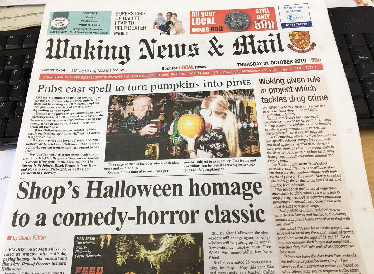Woking_NewsMail's tweet photo. #Halloween feel to today's paper, with @greeneking pubs turning pumpkins into pints! Plus, many pictures from @BobbyDavro1 's charity gala and the firewalk at @chobhamrugby's firework night raising money for @WokingHospice, along with the best local sports round-up #Only50p https://t.co/FwfDug40lY