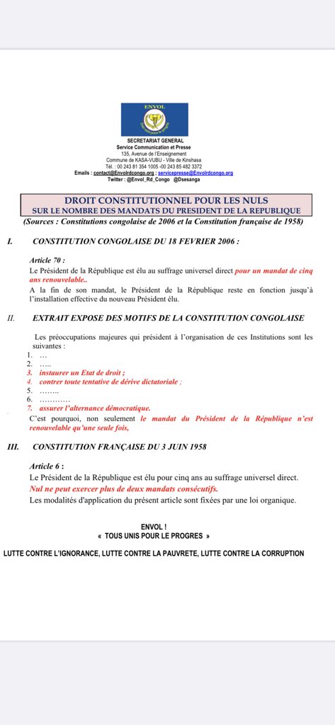 DSESANGA's tweet photo. Le nombre et la durée des mandats du Président de la République sont réglés par la Constitution adoptée par référendum, qui ne connaît ni interrègne ni limitation successive. L’interdiction de plus de 2 mandats est absolue. La comparaison avec la France ne tient pas. Petit rappel https://t.co/LBjatPdwP6