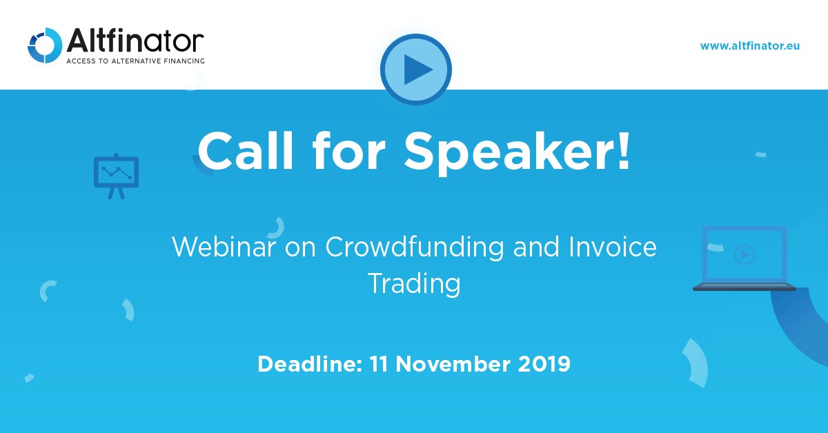 AltfinatorH2020's tweet image. We’re preparing a webinar on #crowdfunding and are looking for an SME that has benefitted from #InvoiceTrading platforms to participate as speaker &amp;amp; share their experience. If you match these requirements contact us: Info@altfinator.eu 📄 
#AltFi @CORDIS_EU @EU_H2020 @NoviCap