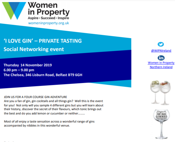 *** Gin tasting evening *** Why not try something new on the 14th November? We are holding a fab gin tasting evening at The Chelsea, Belfast. Everyone welcome! For more info see bit.ly/2nNO5Li #property #construction #WIP #networking #Belfast