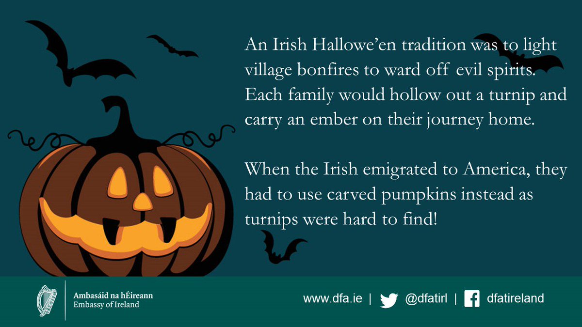 DYK that Halloween has its origins in Ireland? 🎃☘️ It has its roots in the  festival of Samhain, which saw the ancient Irish wear disguises to hide  themselves from harmful spirits 😱👻, image size:1200x675
