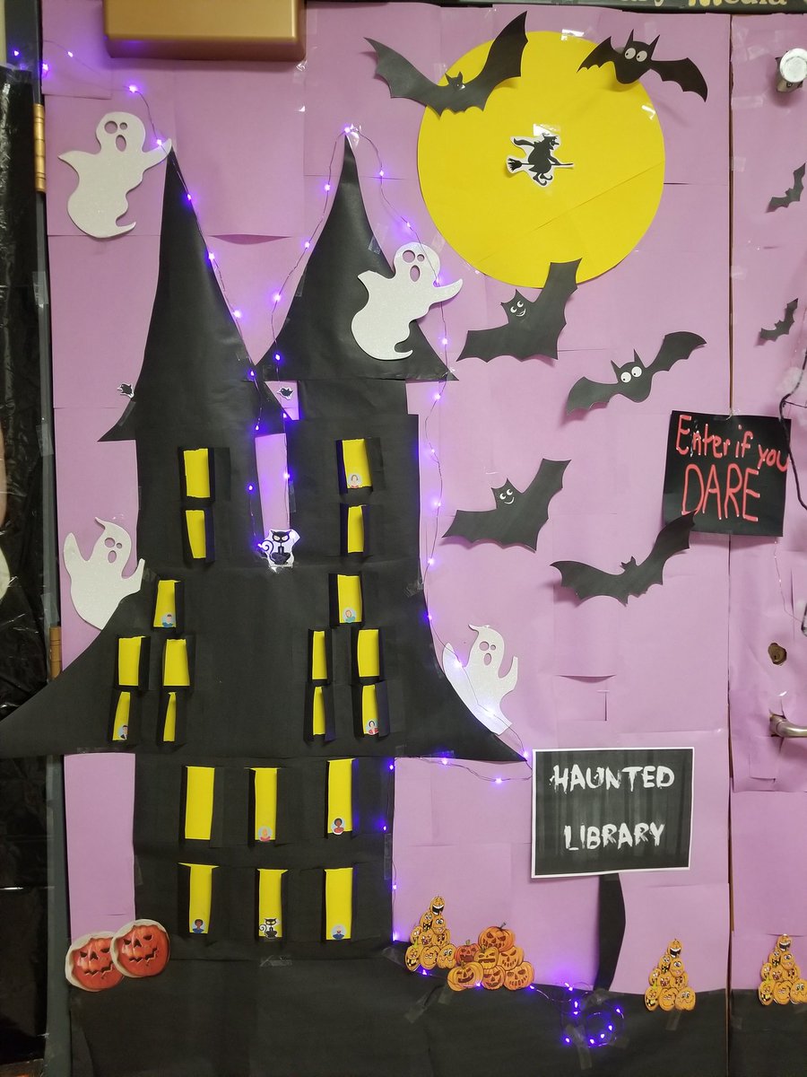BCSMSHS's tweet photo. Haunted Library doors!  Thanks to Kaileah, Karisah, Rob and MacKenzie for decorating my door!  #BCSLibrary #BCSmoments https://t.co/aJ0Zoxnimz