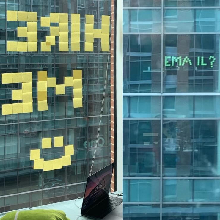 OfficialJoelF's tweet photo. A @GeorgiaTech college student happens to live across the street from a Fortune 500 company, so he thought of a clever way to get their attention: he spelled "HIRE ME" with sticky notes on his window. 

The company responded with "EMAIL?" also in sticky notes 😂 https://t.co/dxqe24F8Xu